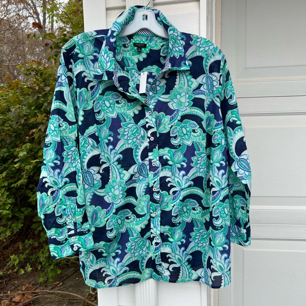 NWT Talbots Pretty Navy Blues Greens White Floral 100% Cotton Blouse